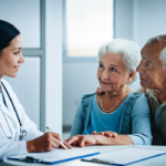 Doctor ayudando a pareja hispana con Medicare