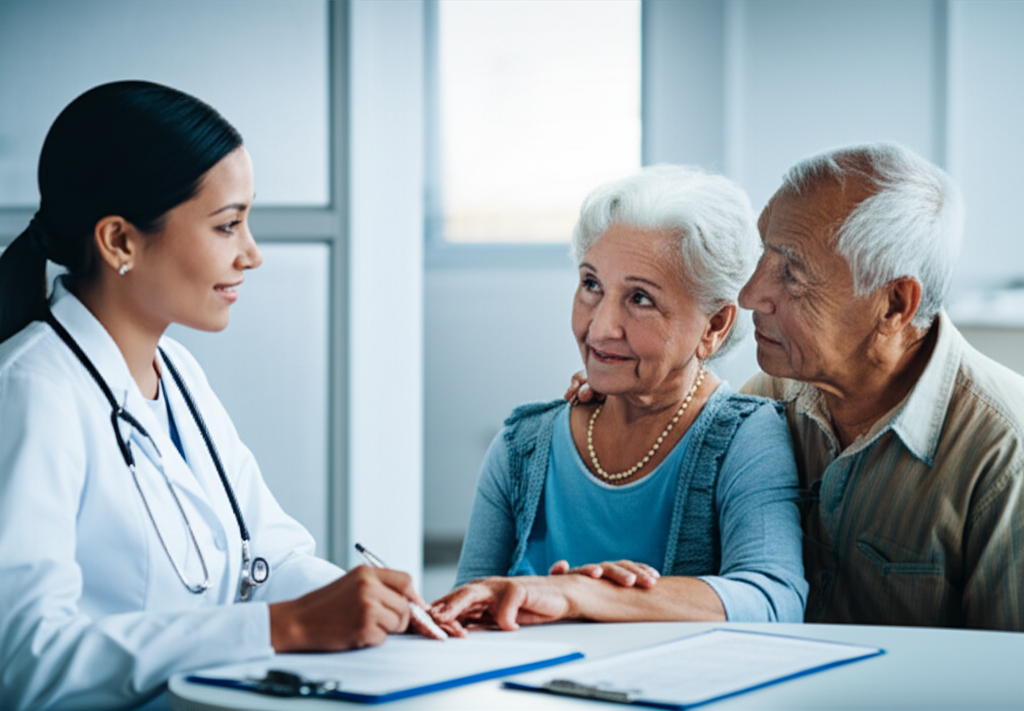 Doctor ayudando a pareja hispana con Medicare