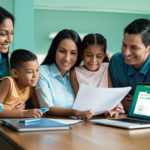 Familia hispana revisando opciones de seguro médico