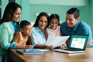 Familia hispana revisando opciones de seguro médico